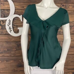 Meadow Rue | Cascading Holly Green Blouse Deep V-Neckline Ruffle Cascade Cap Top